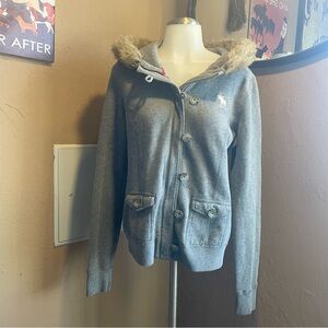 Abercrombie & Fitch Y2K faux fur hood trim coat sweatshirt gray tan size L